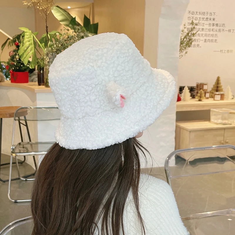 Women Bucket Hat Vintage Winter Sheep Ear Plush Panama For Women Warm Faux Fur Soft Female Fisherman Sun Hats 2022 trend