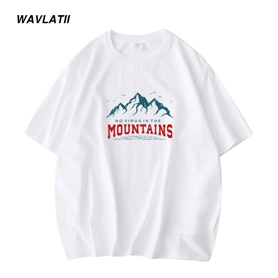 WAVLATII Men\'s Mountain Printed 100% Cotton T shirt Male New Red Khaki Basic Short Sleeve Tees Tops for Summer WMT2207