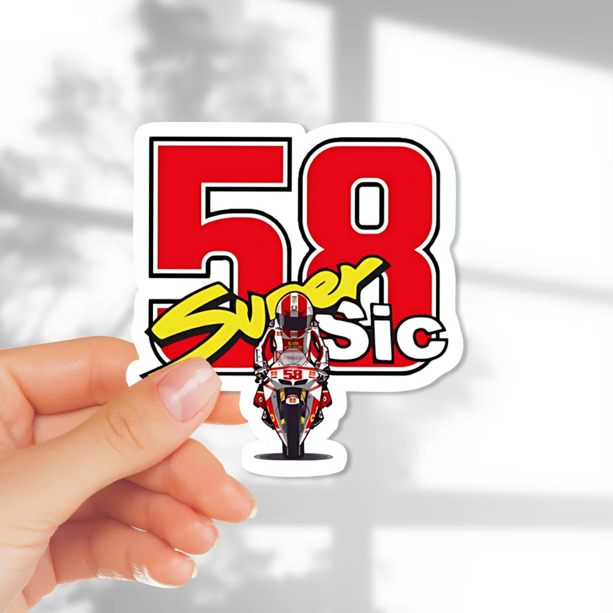 

1 шт. наклейка MotoGP "58 Super Sic", водонепроницаемая гоночная виниловая наклейка, дизайн в стиле дань уважения для окна автомобиля, мотоцикла и декора шлема