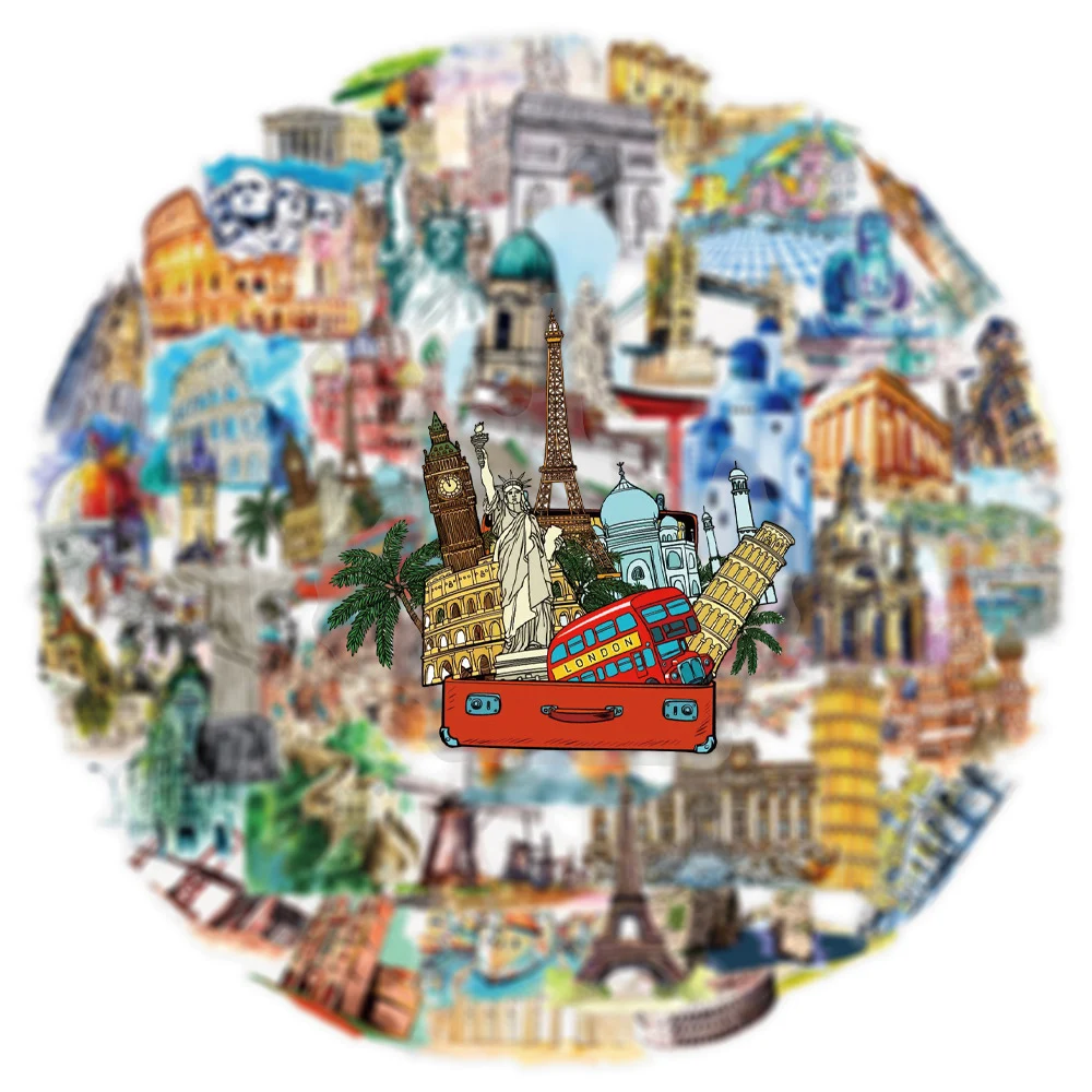 10/30/50 szt. Naklejki z znanych obiektów budowlanych świata, naklejki z krajobrazami miast podróżniczych, naklejki na walizkę, telefon, laptop, przezroczysty zestaw naklejek