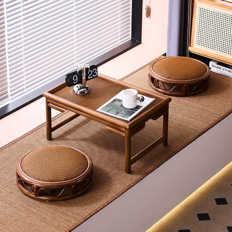 Japanese-Style Zen Small Coffee Table | Tatami Low Table with Backrest Pad | Rectangular Balcony Tea Table for Small Spaces