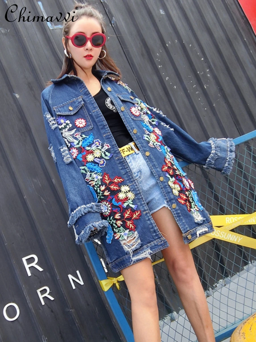 

European Station Heavy Denim Coat Women 2024 Spring Autumn New Fashion Loose-Fit Long Sleeves Streetwear Ladies Jackets Tops