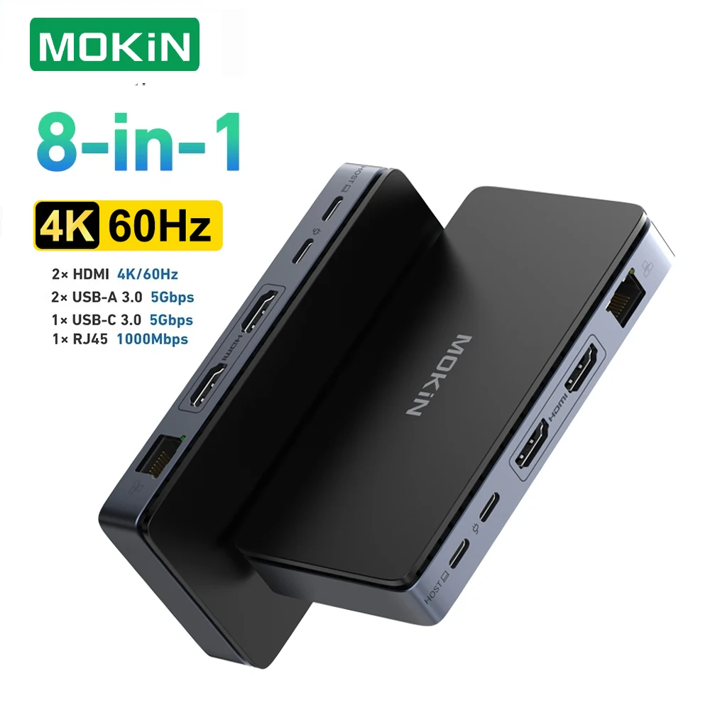 

MOKiN Docking Station USB C Hub Type C Laptop Adapter,USB C to 2 HDMI 4K@60Hz,RJ45,3*USB 3.0,PD 100W,For MacBook Air Pro M3 M2