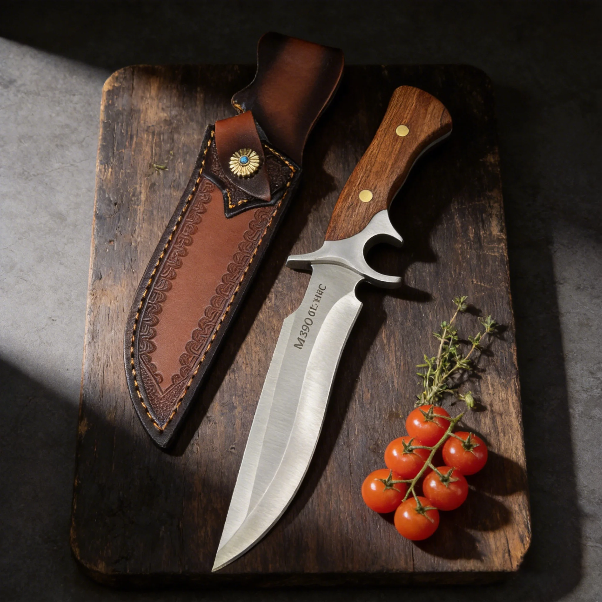 M390 Fixed Blade Kitchen Knife, with 61HRCRC high hardness blade and walnut handle, kitchen knife set, with leather sheath