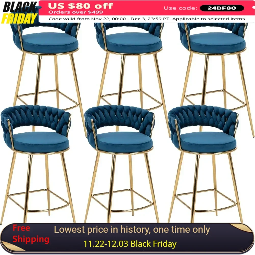 Bar Stools Set Of 6,with 29 Inches Height Comfy Seat, Handmade Woven Back Armrest, Golden Metal Legs,bar Stools For Kitchen