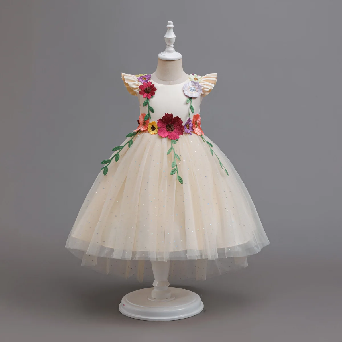Flower Fairy Girl Wedding Dress Fly-sleeve Shiny Princess Dress For Birthday Girls Party Dresses Children Fashion Sequin Dress