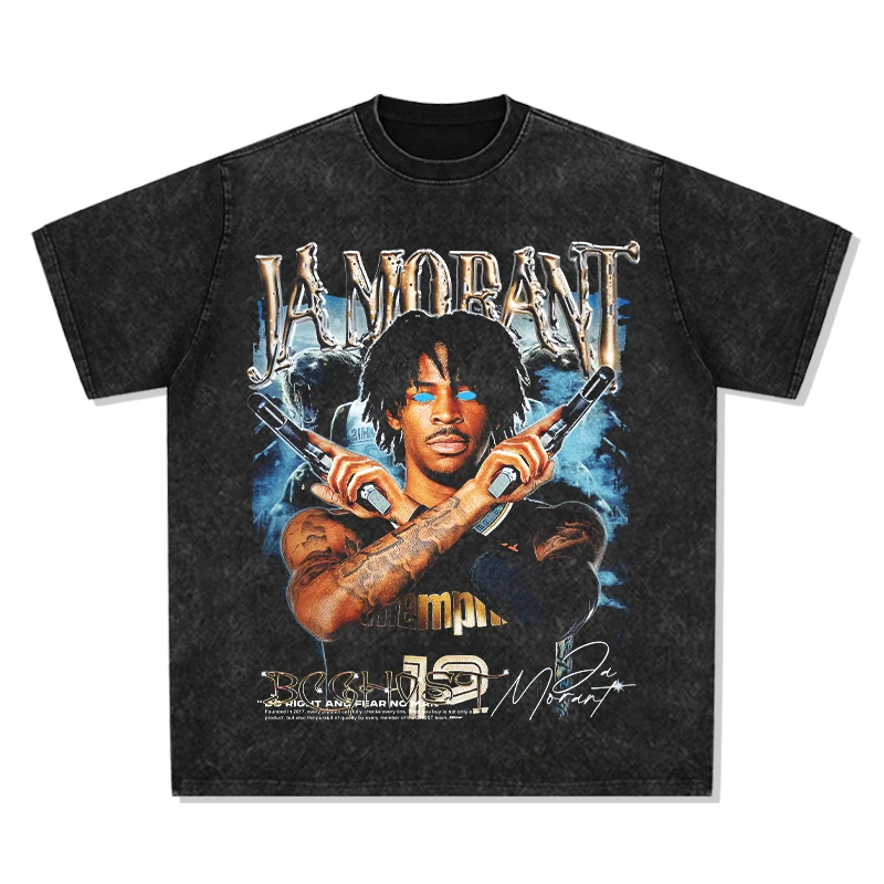 Ja Morant Gun T-shirt American Small Neckline Loose Short Sleeve Vintage Old Cotton T-Shirt Men Basketball Shirt Cotton Shooting