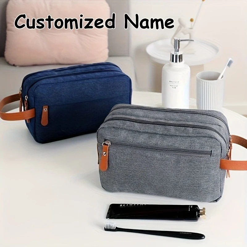 

Ethan Men's Customizable Travel Toiletry Bag with Brown Leather Handle Durable Polyester Zipper Closure Personalized Gift