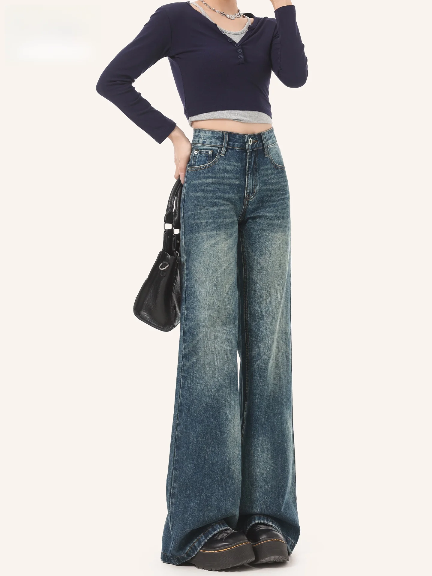 

Ретро джинсы-клеш с низкой посадкой и эффектом потертости, женские летние новые свободные джинсы с эффектом похудения, джинсовые брюки с высокой талией в американском стиле на пуговицах