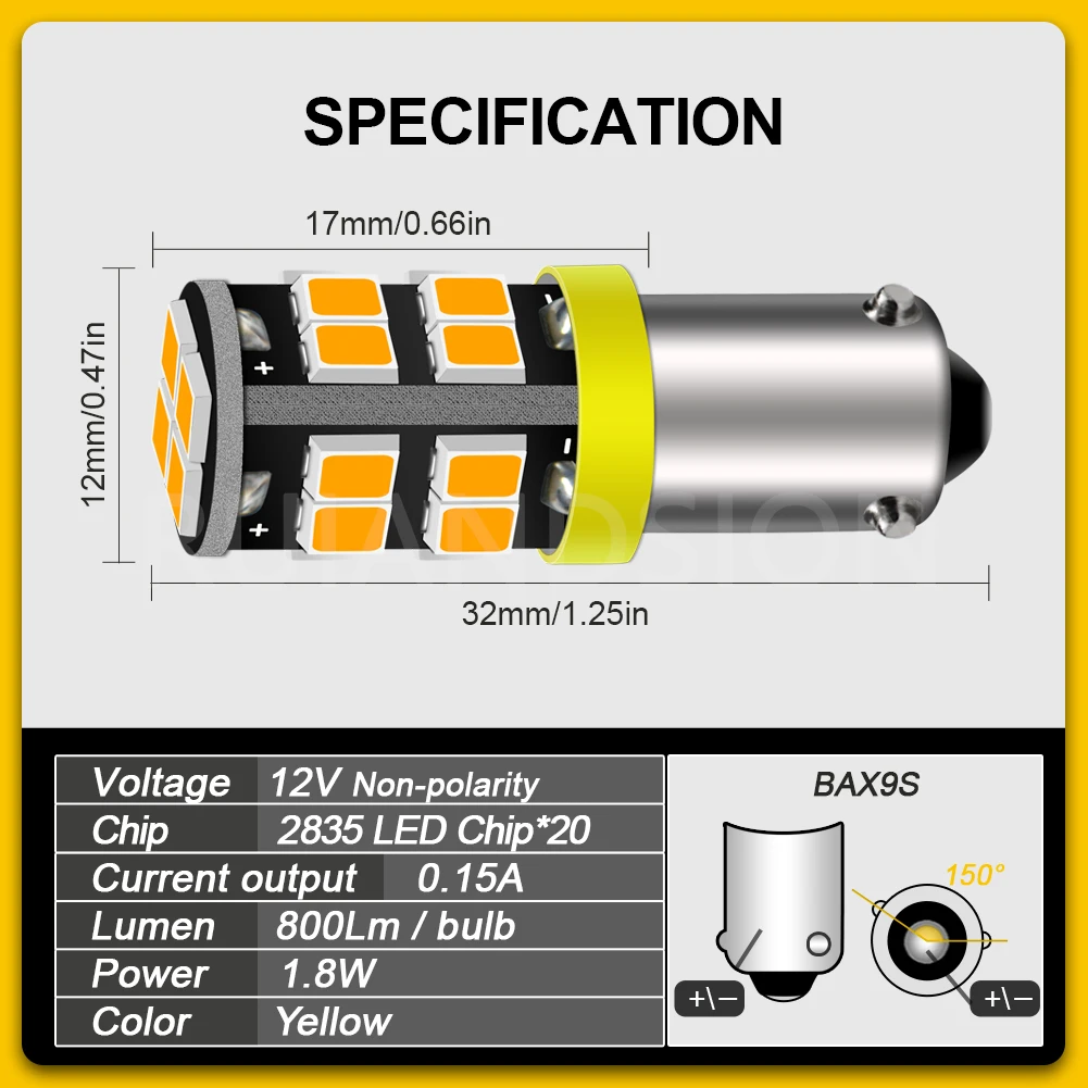 Ruiandsion 2Pcs BA9S BAX9S BAY9S BAW9S LED Indicator Light 12V Yellow 2835 Chip For Car Interior Dome Reading Trunk Light 800LM