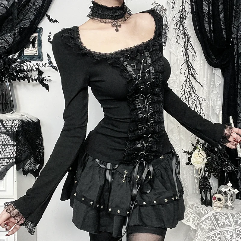 Lilac XN Goth Black Lace Trim Long Sleeve T-Shirts Vintage Sexy