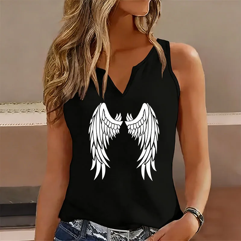 Hip Hop Wing Sleeveless Tank Top T-shirt V Neck Casual Graphic Vest T Shirts Women Short Sleeve Tee Shirt V-Neck