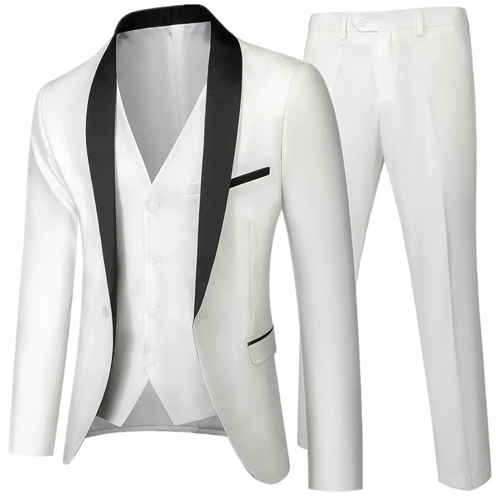 US-Größe Herren Anzug-Set mit Revers und Schwarzem Kragen, 3-teilig: Mantel, Weste, Hose / Business-Bräutigam-Hochzeitsanzug, Formeller Blazer, Hose, Weste – Detail 2