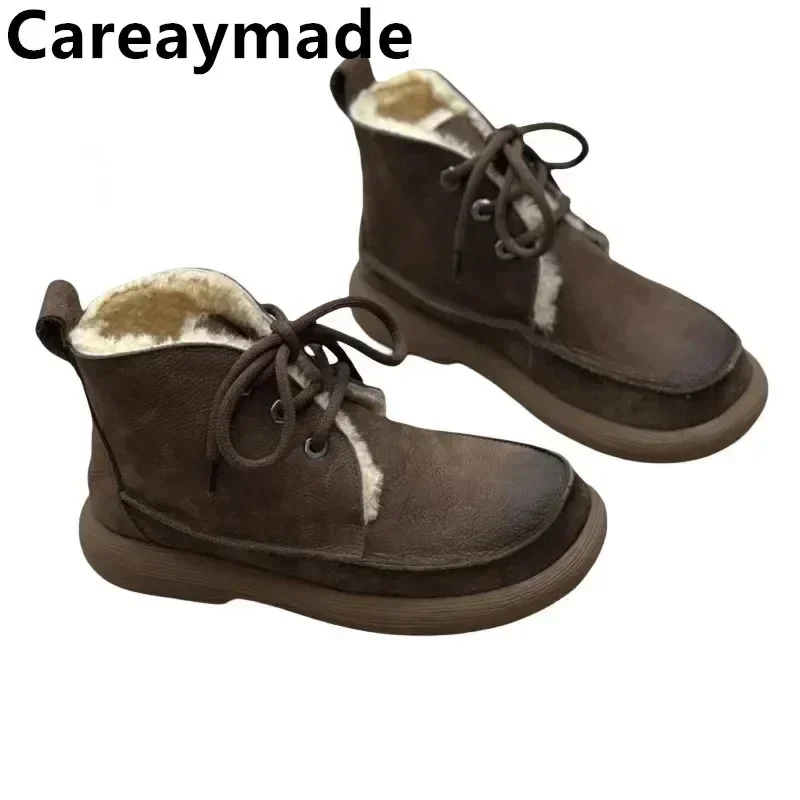 Careaymade-Genuine leather Full Cow Females Handmade Sewing Ankle Soft Sole Boots wool warm men Flats Shoes women big size35-44