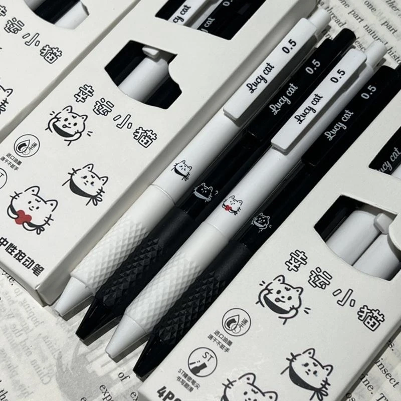 4 PCS 0,5mm Gel Pen Lucky Kitten Pen trung tính có thể thu hồi mực đen Gel Pen đáng yêu Bút Bút để viết nhật ký