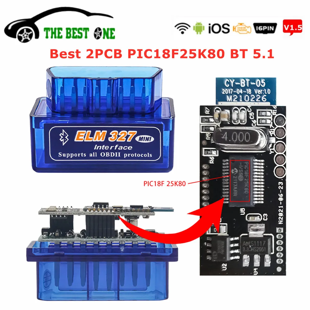 Супер Мини ELM327 V1.5 Bluetooth 5,1 Поддержка IOS Android двойная печатная плата PIC18F25K80 ELM 327 V2.1 OBDII сканер автомобильный дисгенический инструмент