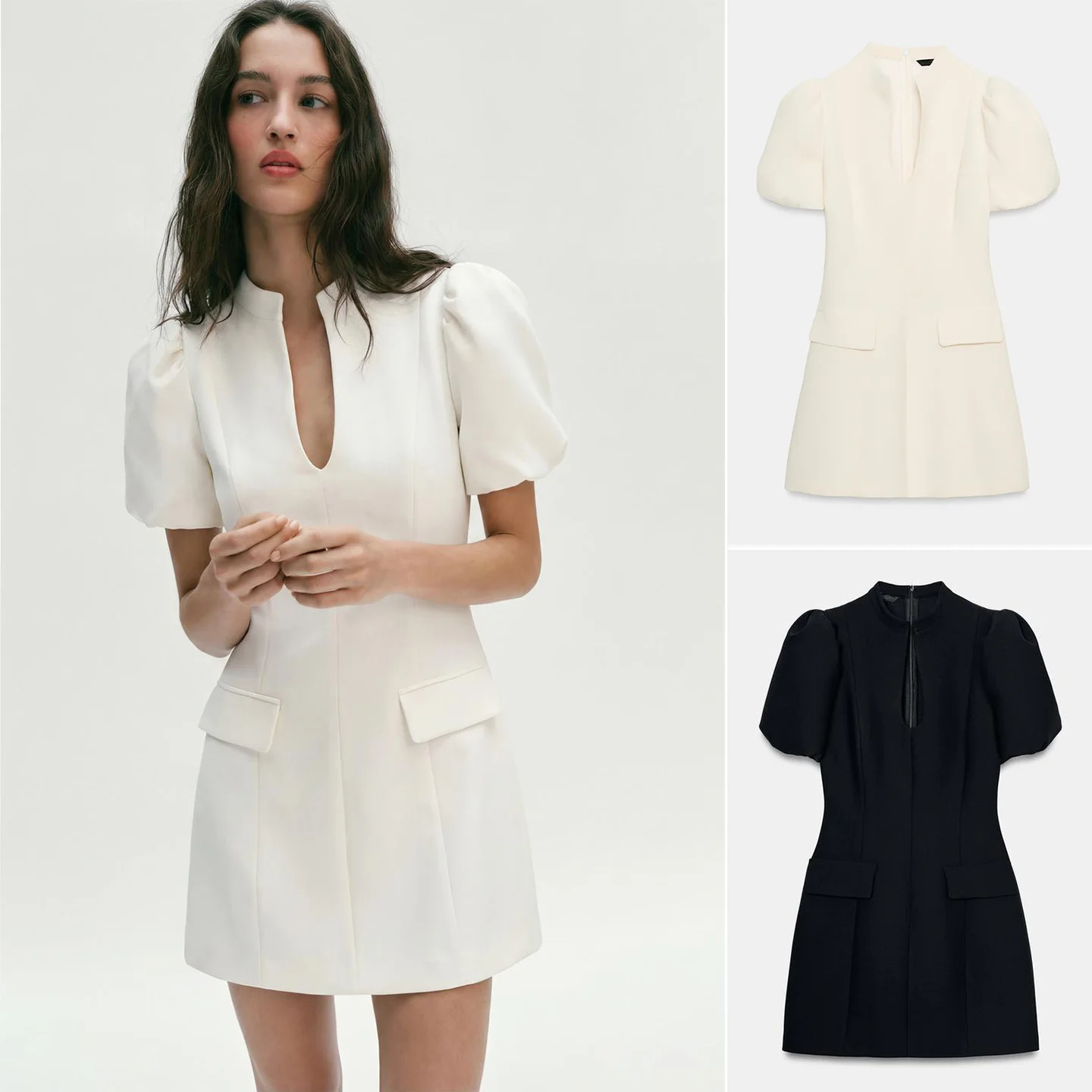 Spring New Women's Short Dress round Neck Bubble Sleeve Waist Cinched Hidden Button Design Polyester Fiber Fairy Skirt Style