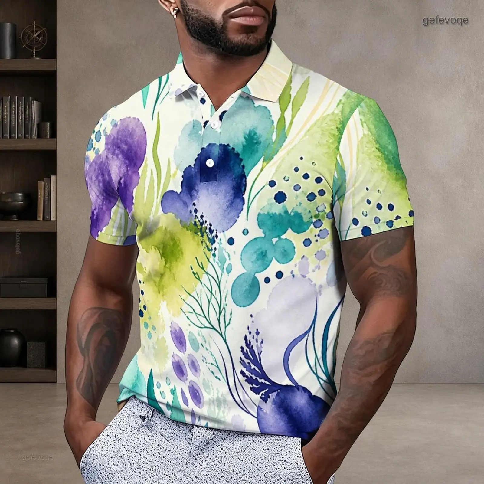 Short Sleeve Collared Neck Button Placket Printed Polo Shirt for Men