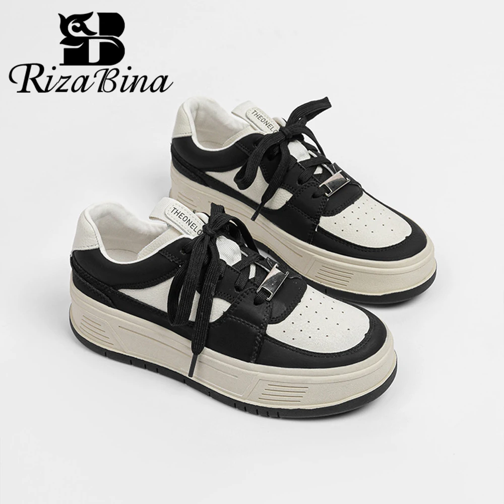 RIZABINA Real Leather Women Casual Sneakers Patchwork Mixed Colors Lace-Up Platform Shoes Ladies Breathable Daily Shoes Handmade