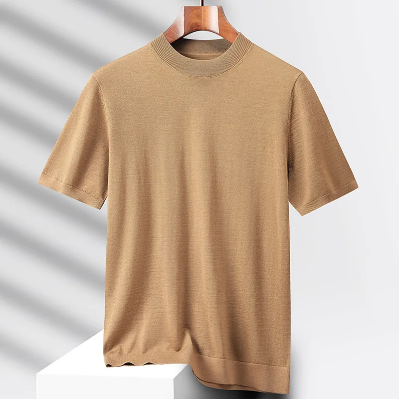 Washable% Fine Wool-Shirt Men'S Half Turtleneck Short Sleeve Knitwear Business Casual Base Layer Thin