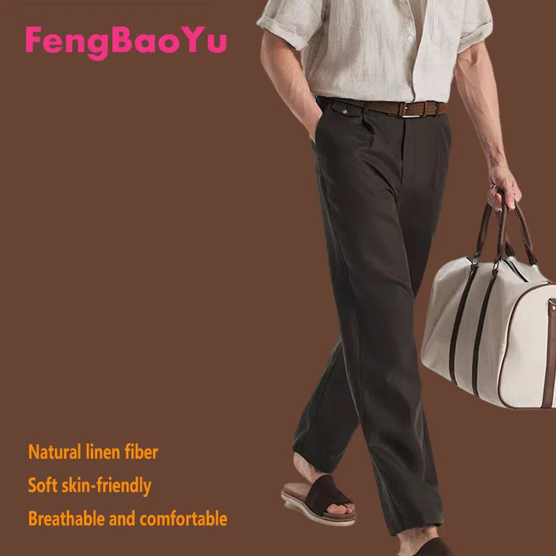 Fengbaoyu Natural 100% Linen Men's Pants Elegant and High-End Straight Pants for Business Casual Wear, Comfortable Breathable