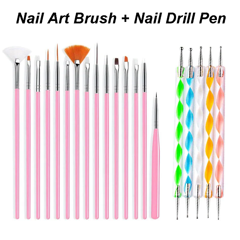 Nail Art Brush Design Tip Painting Drawing Carving Dotting Pen FlatFan Liner Acrylic Gel UV Polish Manicure Tools