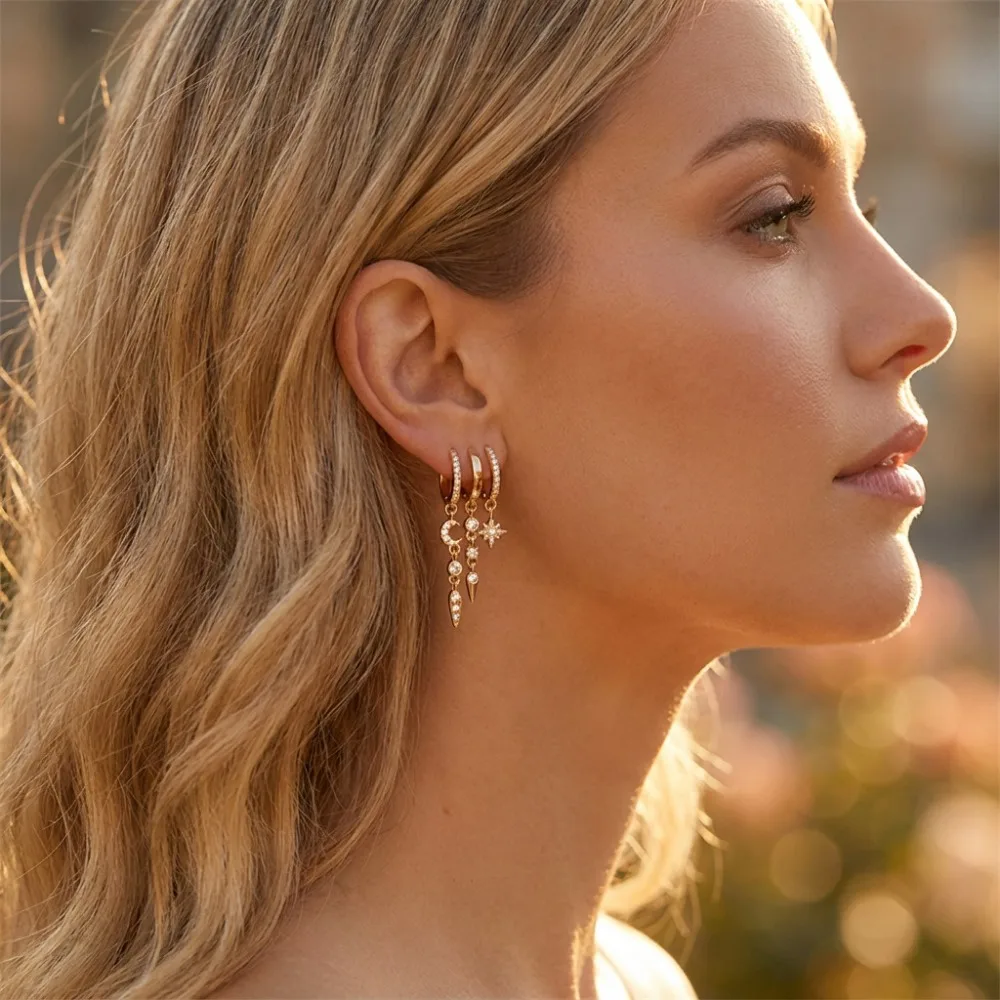 Luxury Punk Gold Color Moon Star Cross Zircon Single Dangle Earrings for Women Hip-hop Street Party Cosplay Jewelry Accessories