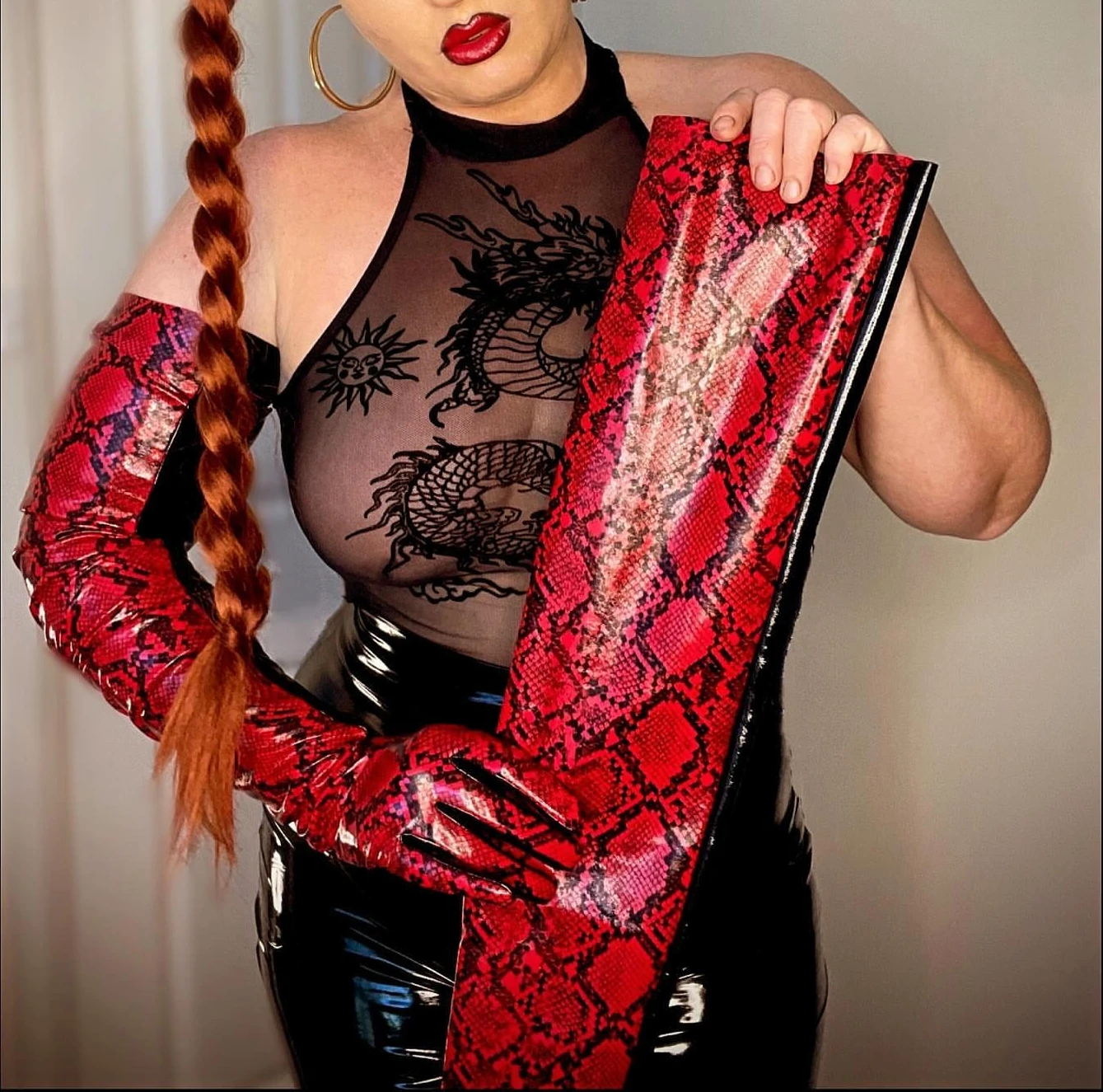 90CM GLOVES Red Snake Print TWO TONE Unisex Oversized Wide PUFF Sleeves Faux Leather Shoulder Long Evening Halloween Cosplay
