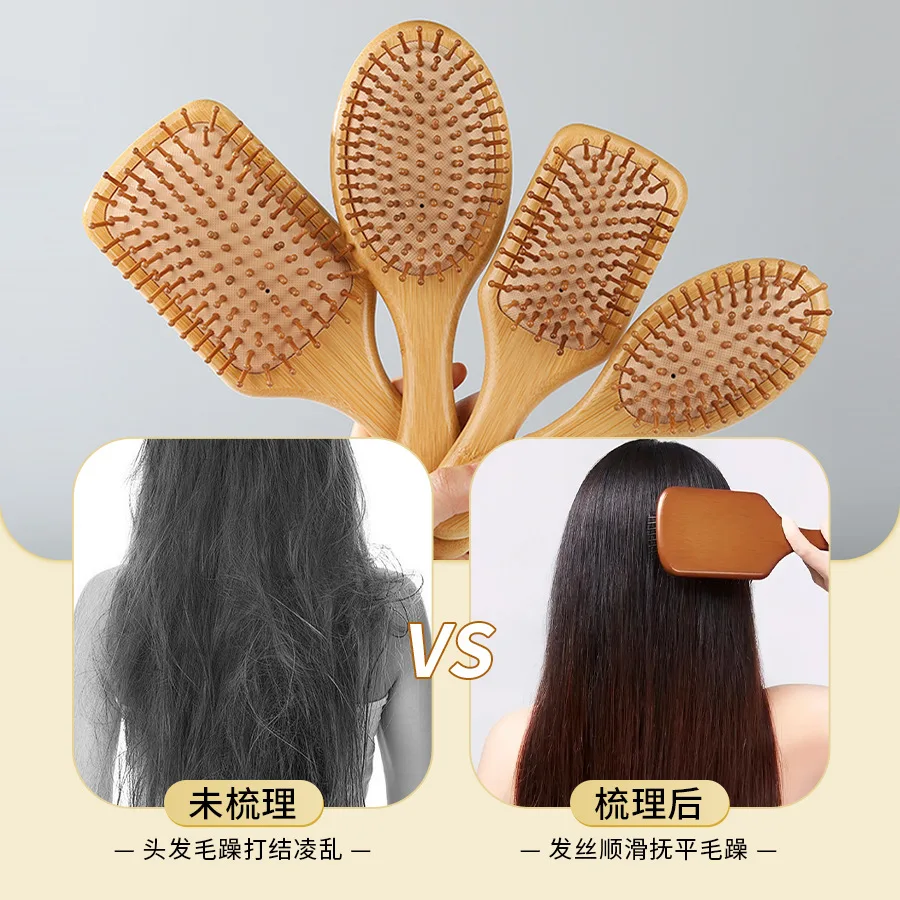 Eco Bamboo Hair Brush Nature Wooden Anti-Static Detangle Brush Hair Scalp Massage Comb Air Cushion Styling Tools for Women Men