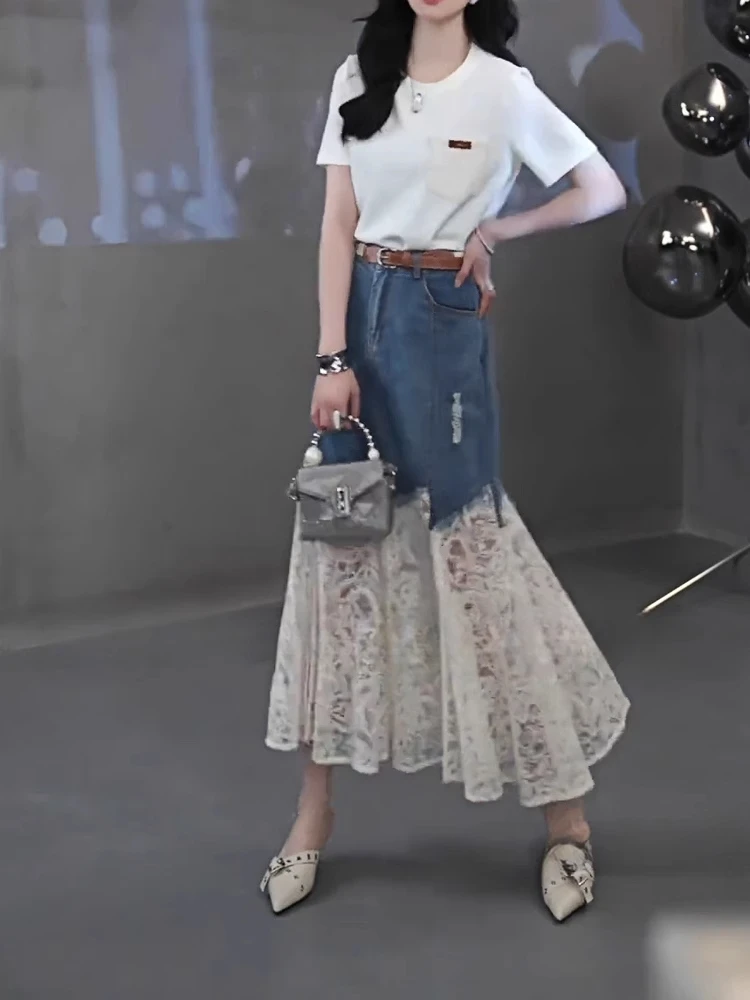 Fashionable Lace Splicing Jeans Skirt Slimming High Waist A-Line Midi Skirt Korean Style Commute Element Hollow out Design