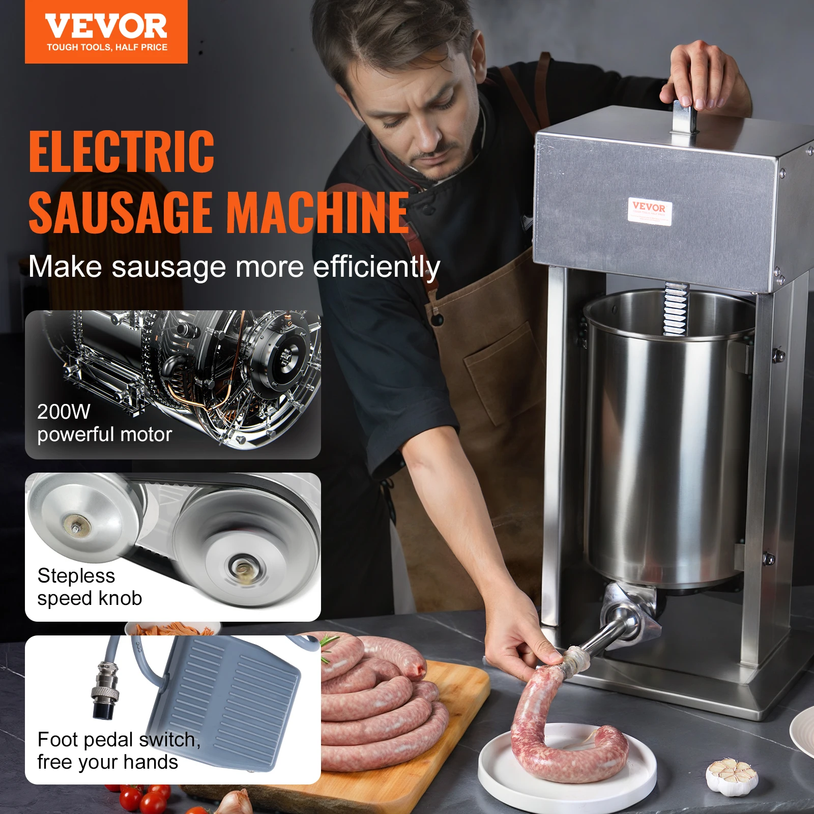 VEVOR Electric Sausage Stuffer Vertical Meat Stuffer Speed Control and Foot Pedal Made of 304 Stainless Steel 5 Stuffing Tubes