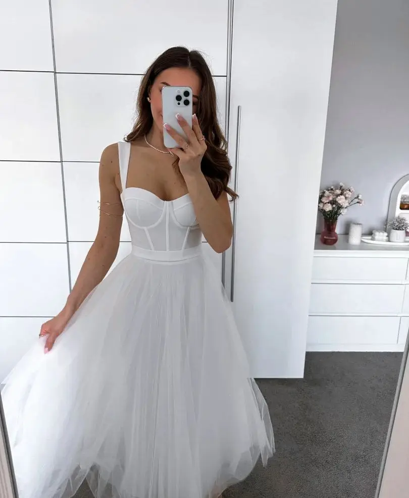 

White Tulle Spaghetti Straps Wedding Dresses Sweetheart Corset A-line Tea-Length Evening Gowns Elegant Simple Party Prom Dress