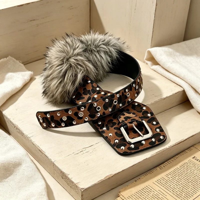Y2K Punk Rivet Wide Belt Leopard Furry Heavy Made Retro Versatile Waist Decor For Hot Girl Daily Matching