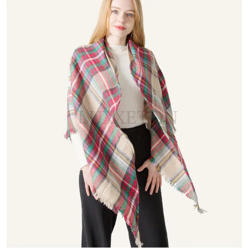 Winter Imitation Cashmere Double-sided Colorful Female Plaid Square Scarf Triangle Scarf Ladies Bib Shawl for Women