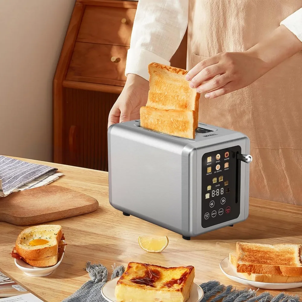 Tostadora con temporizador digital de acero inoxidable de 2 rebanadas con función de sonido, tostadora inteligente con ranuras extra anchas y bolsa