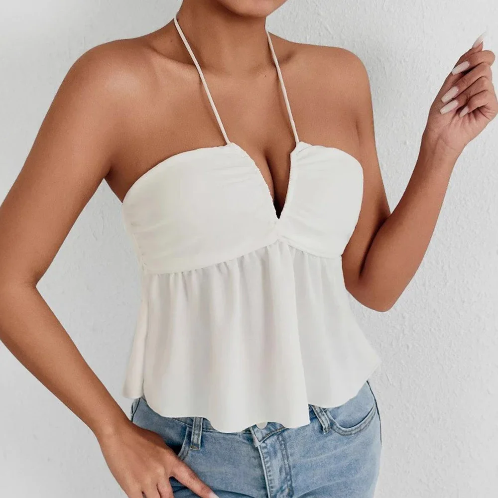 

Blouses Summer French Fashion Plain Flounce Sleeveless V-Neck Sweet Dating Blouses For Women