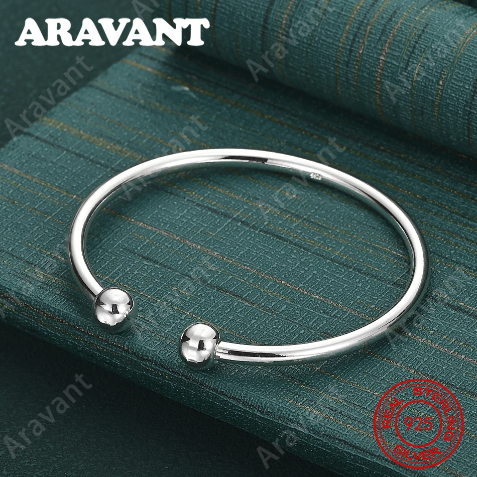 925 Sterling Silver Open-Ended Bangle With Adjustable Smooth Bead Inlay - Simple And Elegant Everyday Accessory Jewelry