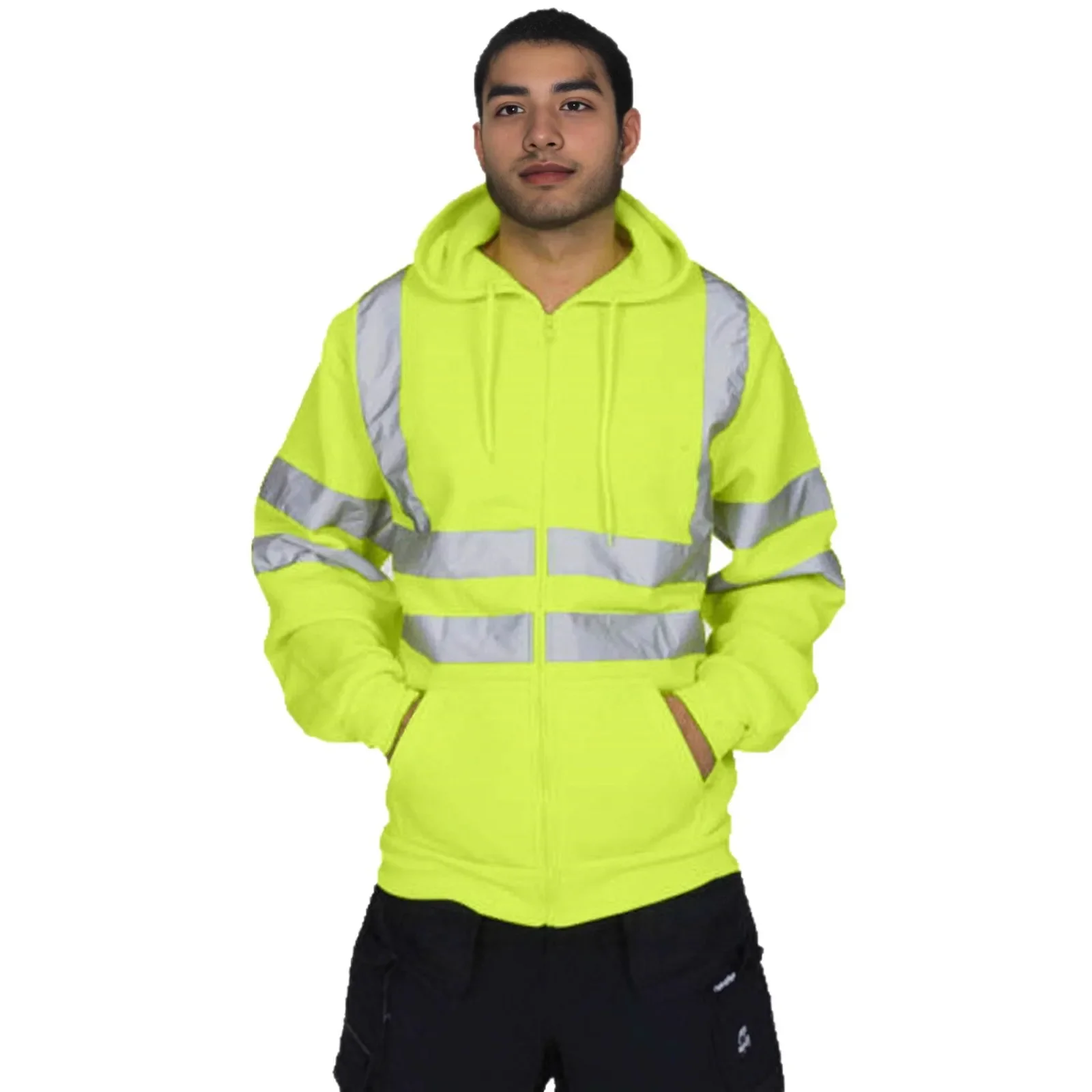 سويت شيرت رجالي مبطن بالصوف بسحاب عاكس وشريط عاكس كاجوال فضفاض مناسب ملابس خارجية مع جيوب نمط ملابس الشارع