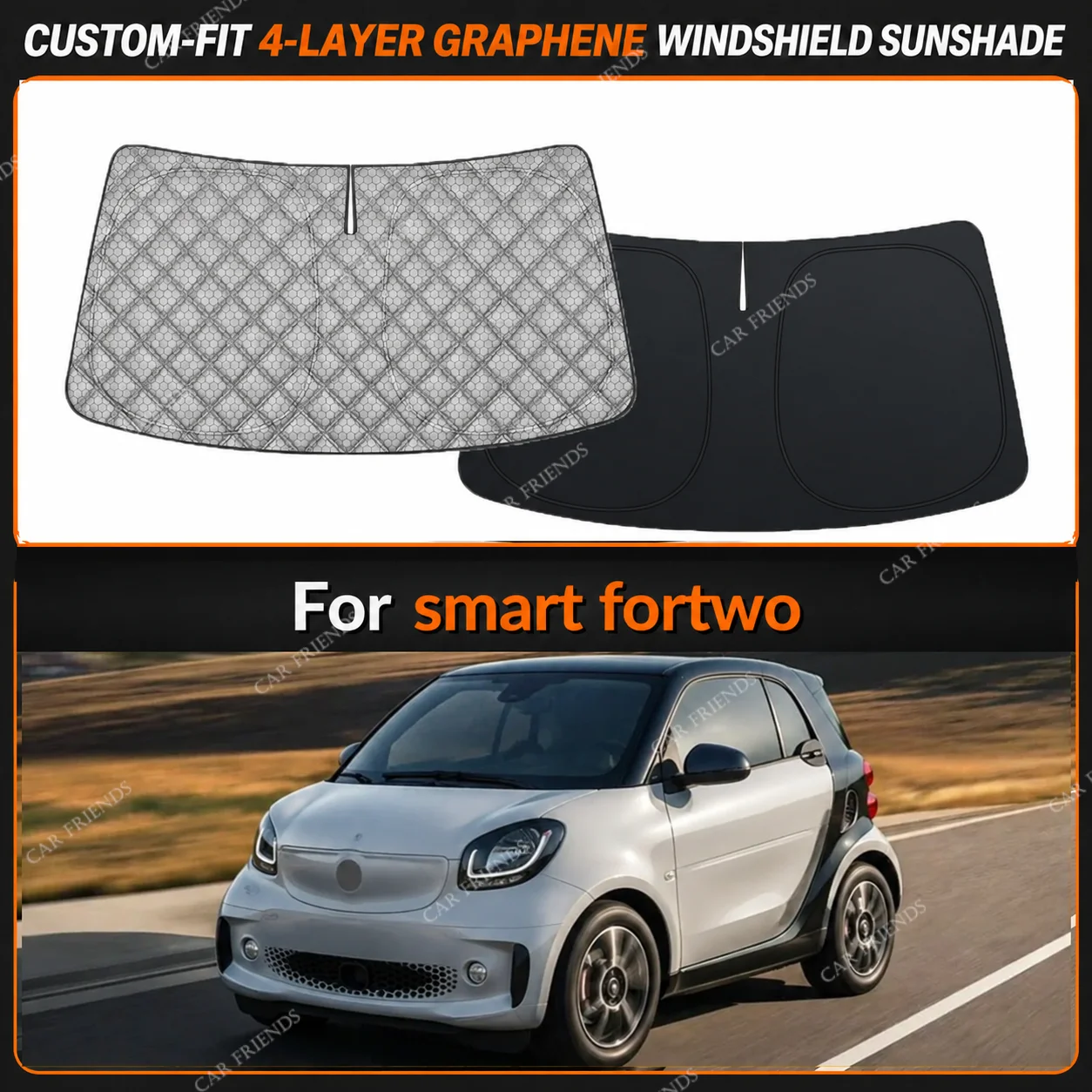For smart fortwo Custom-Fit 4-Layer Graphene Windshield Sunshade Reflective Gray-Silver Surface Helps Reduce Direct Sunlight