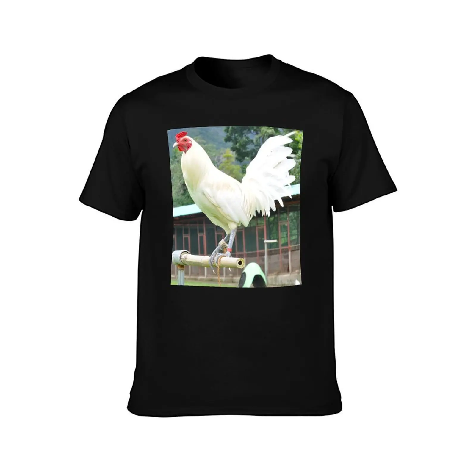 White Hatch Rooster T-Shirt, Summer Casual Cotton Tee, Oversized Streetwear Tops, Vintage Graphic Print, Loose Fit Short Sleeve