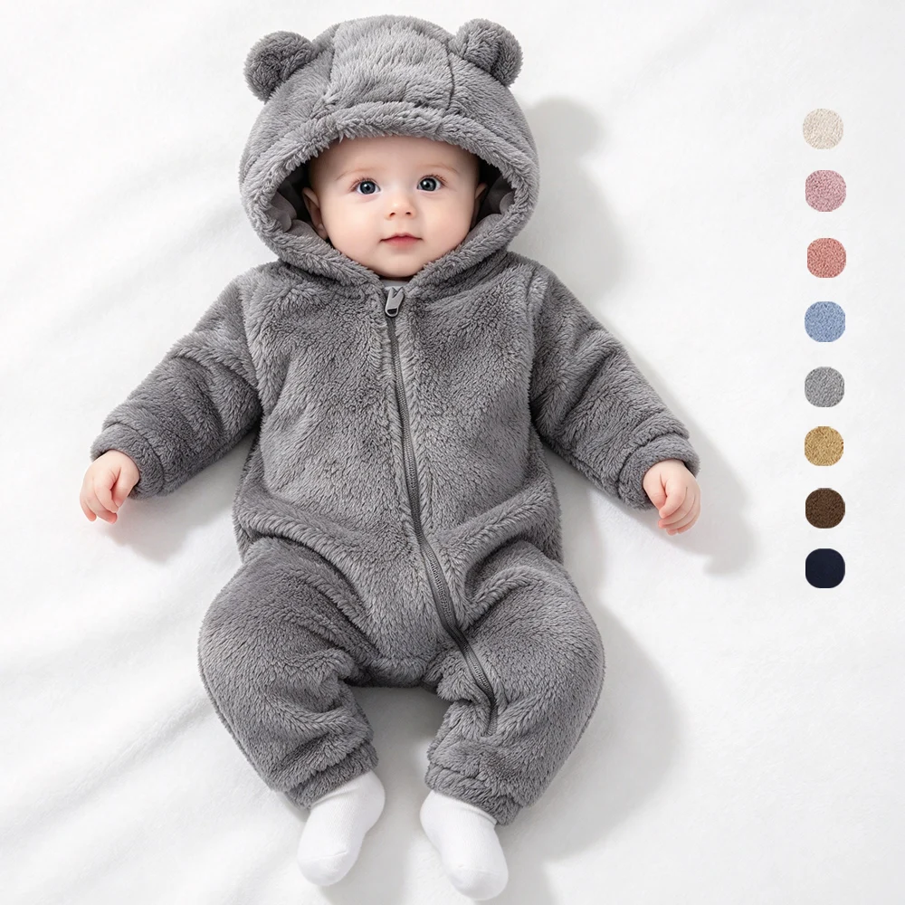 Baby Rompers Newborn Girl Onesies Kids Toddler Infant Boys Clothing Winter Plush Jumpsuit Hoodies Zipper Warm Baby Clothes 0-18M
