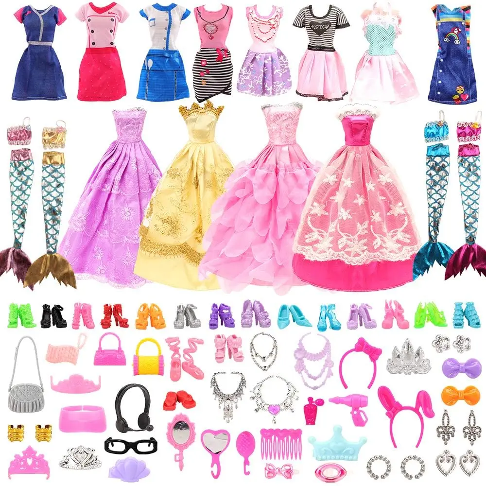 Barwa 62 Pcs Fashion For Girl Doll Clothes and Accessories=4 Dress，4 Large Skirts，4 Mermaid Skirts，50 Accessories