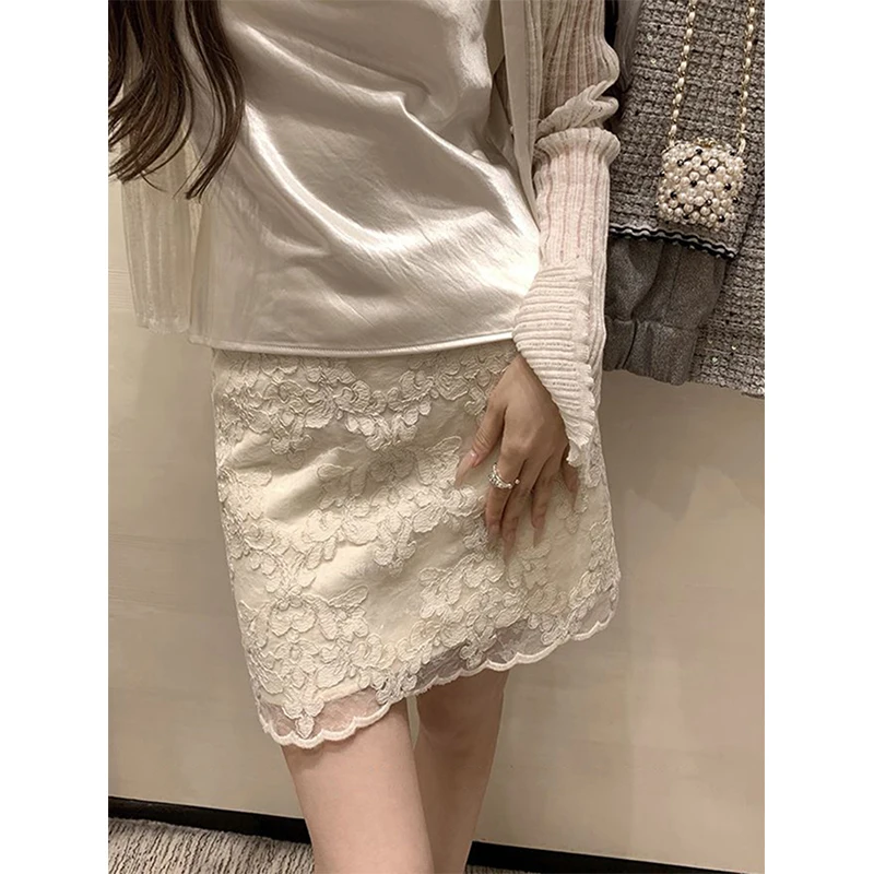 

MEXZT Elegant Lace Mini Skirt Women Fashion Floral Patchwork Hip Wrap Skirts Summer Ladies Korean High Waist Slim Design Faldas