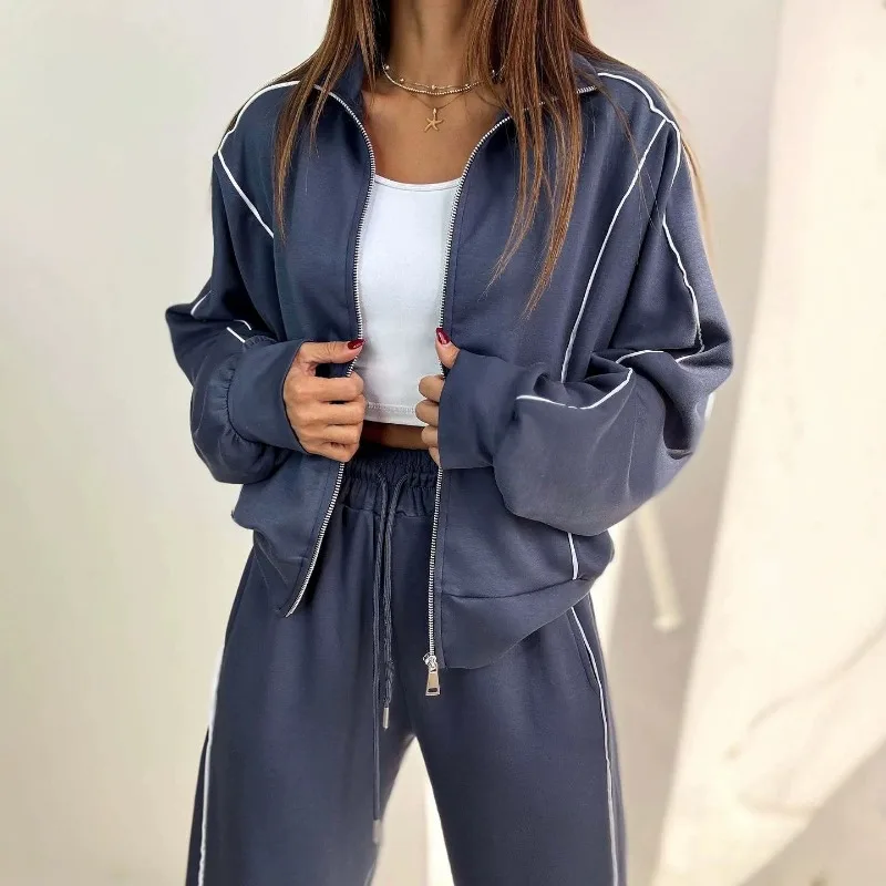 Spring and Autumn Amazon Premium Sense Women's Casual Sports Suit Loose Design Cardigan Wide Leg Pants with Two-piece Trendy Set