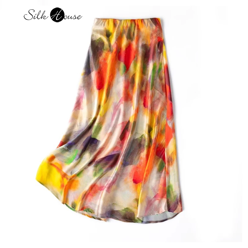 Sunset Sunset Oil Painting Light Luxury Feeling 93%Natural Mulberry Silk Elastic Satin Wrap Buttocks Fishtail Skirt