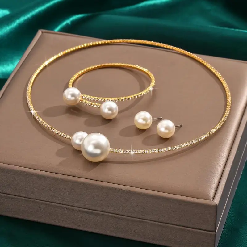 Classy 2-Piece Pearl Rhinestone Necklace and Bracelet Sets for Women, Ideal for Weddings and Parties
