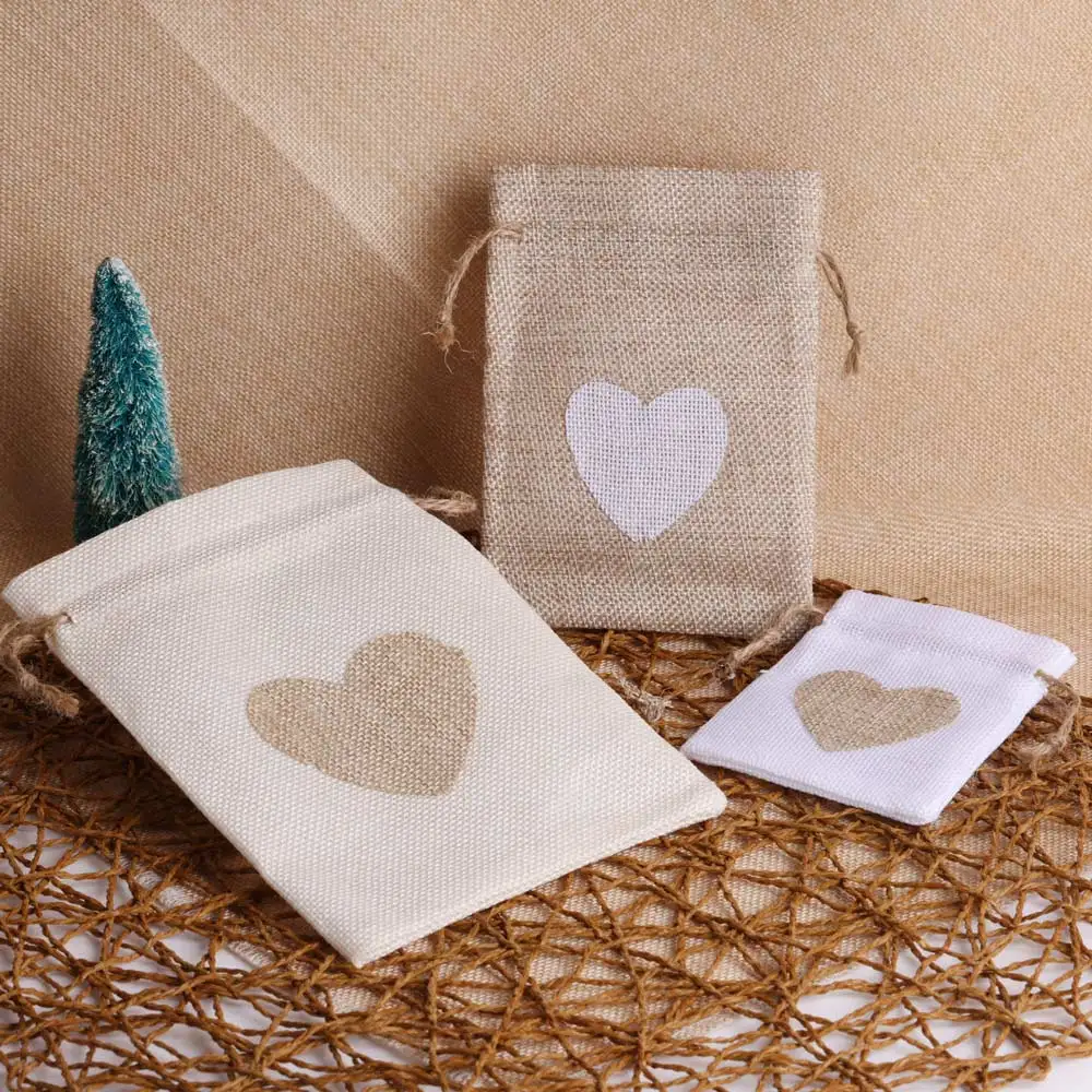 10pcs/lot Beige Heart Linen Drawstring Bag