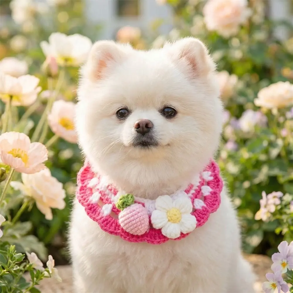 Stylish Adjustable Flower Pet Scarf Bib Handmade Sweet Knitted Cat Scarf Cozy Decorative Cat Strawberry Collar Daily Use