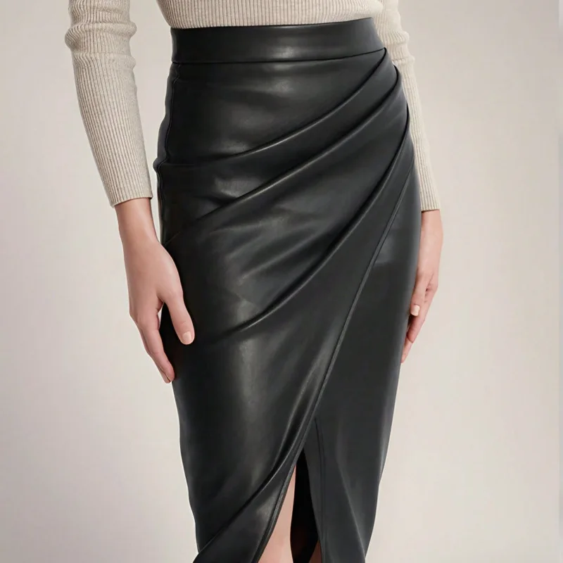 

PU leather high waisted split skirt 2026 tight pencil skirt with zipper pleated skirt for commuting fashion women's wear