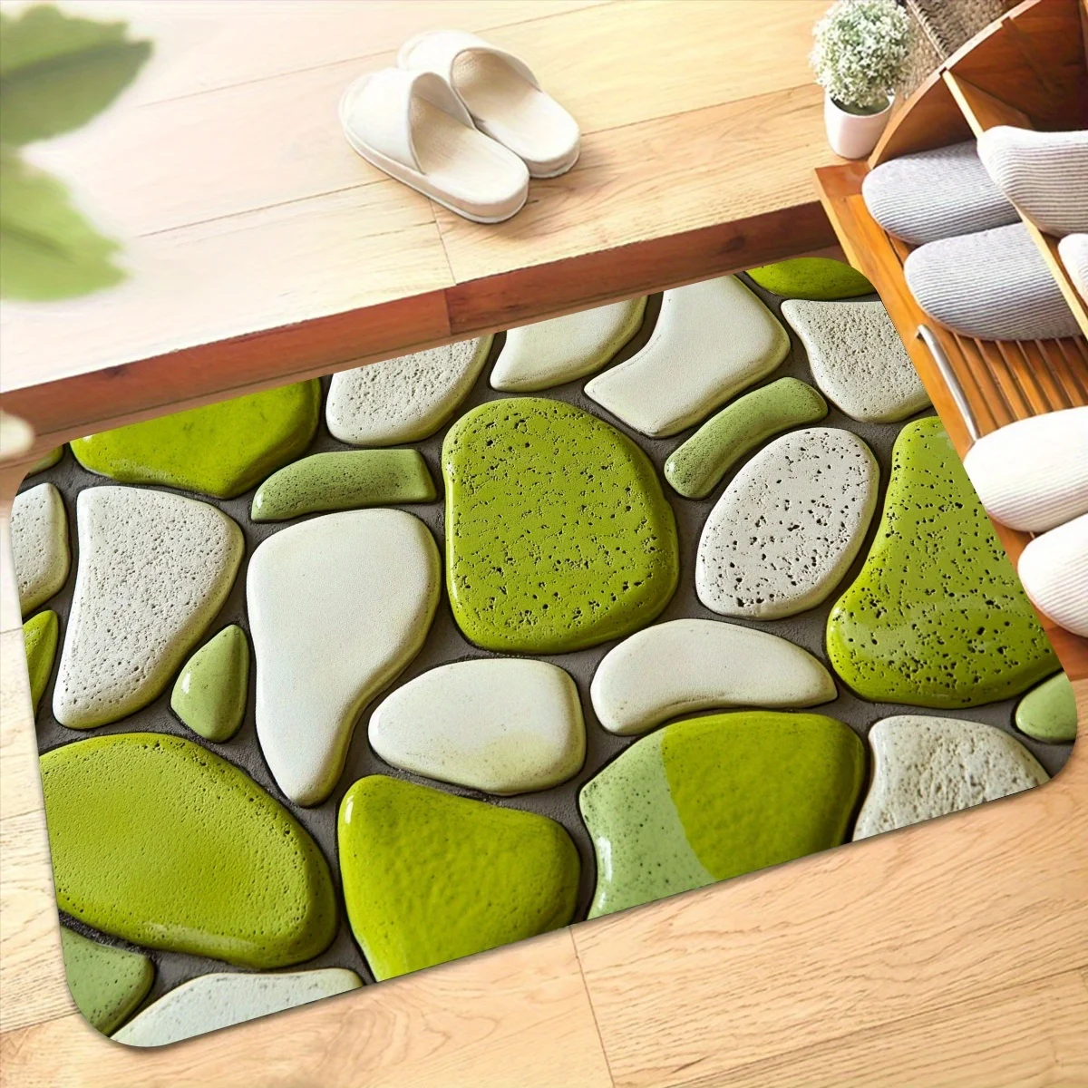 3D Green Pebble Stone Doormat - Realistic River Rock Floor Mat, Bathroom Entry Rug, Non-Slip, Multiple Sizes
